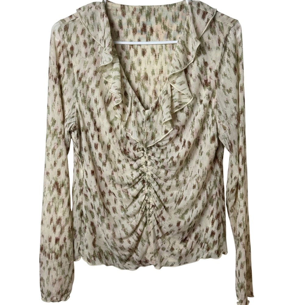 Cabi Ruffle Mesh Top Womens M‎ Green Brown Abstract Ruched V-Neck 4532